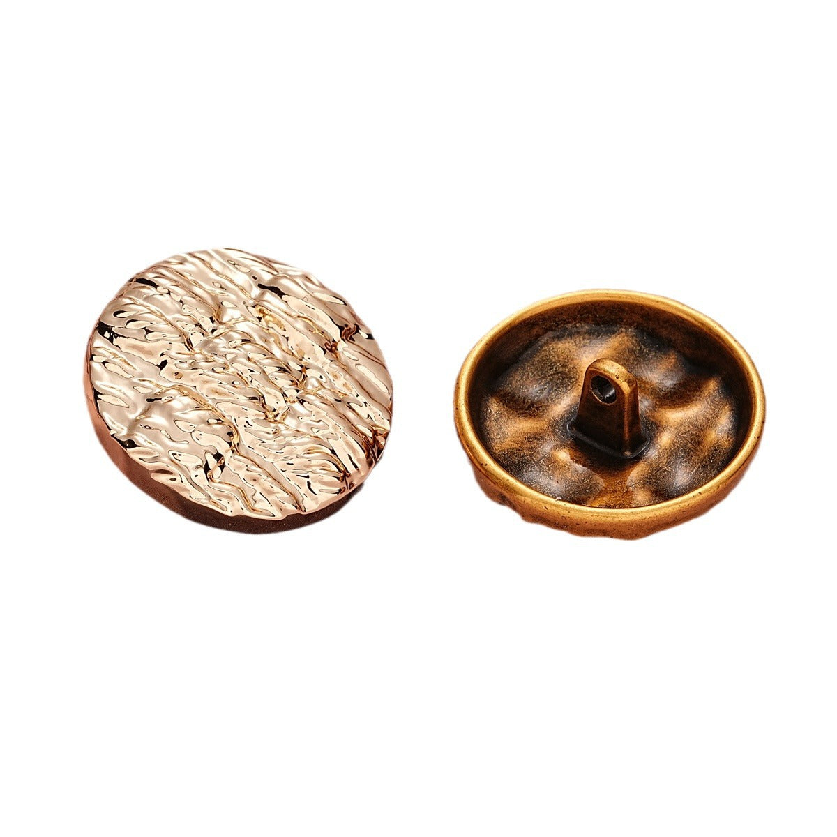 Antique gold round metal button with striped texture; back view shows shank