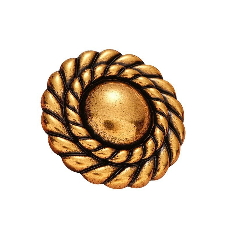 Antique gold braided round metal button with central shank, retro handle detail