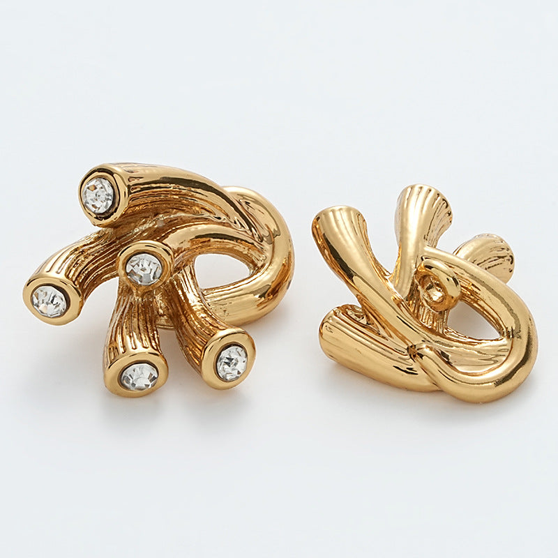Gold metal irregular antennae buttons with round rhinestone stones, two-piece view