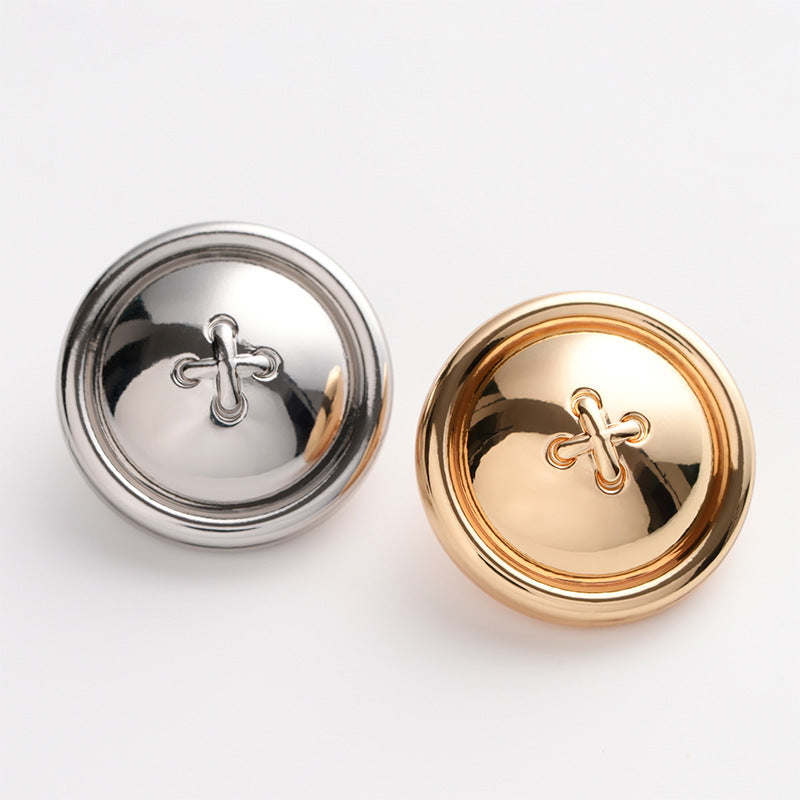 Set of 5 metal buttons, light gold round front, hollow back with 2-hole shank