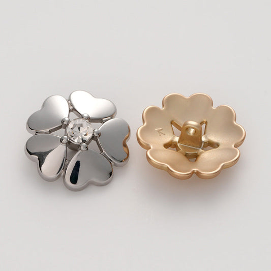 Metal Heart-Shaped Five-Leaf Clover Flower Diamond Button 6pcs