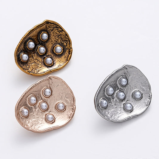 23mm Antique Gold Metal Sewing Button Teardrop Shape 6 Pearls 5pcs