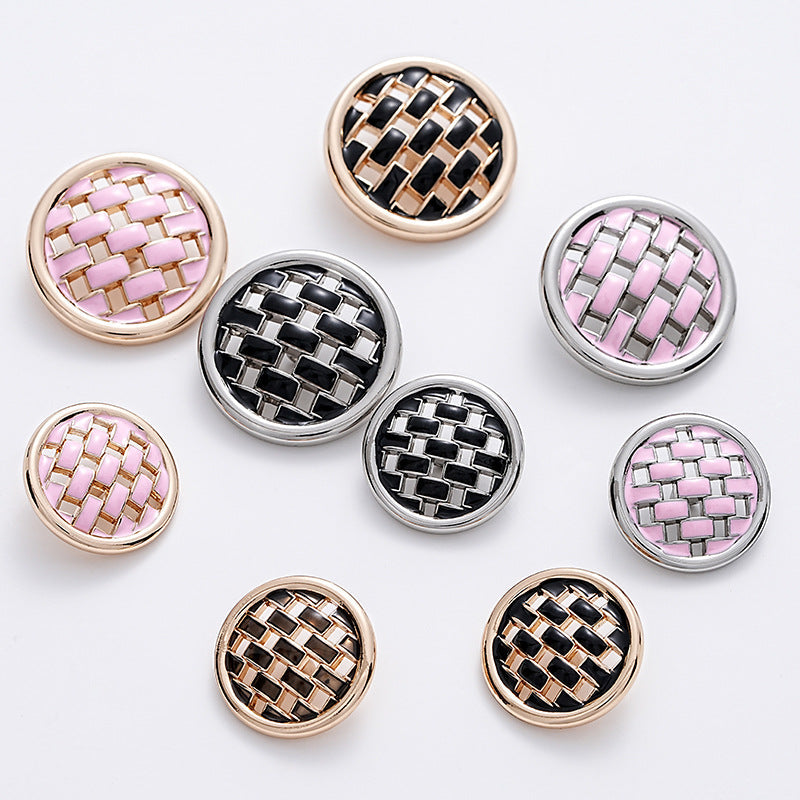Woven grid metal clothing button set, pink and black with gold and silver trim