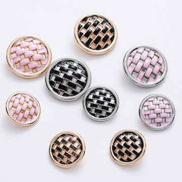 Woven grid metal clothing button set, pink and black with gold and silver trim