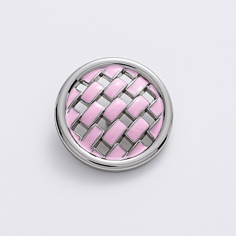 Pink woven grid metal button with silver trim