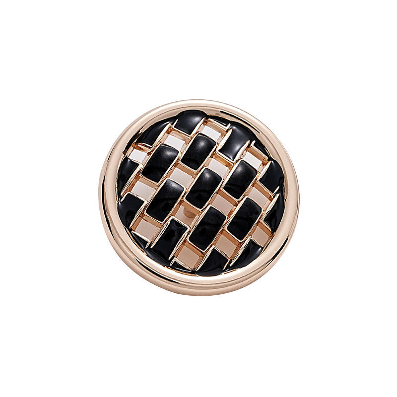 Black woven grid metal button with gold trim