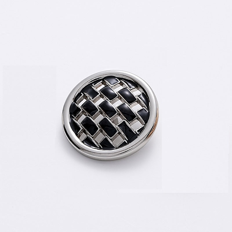 Black round woven grid metal button with silver trim