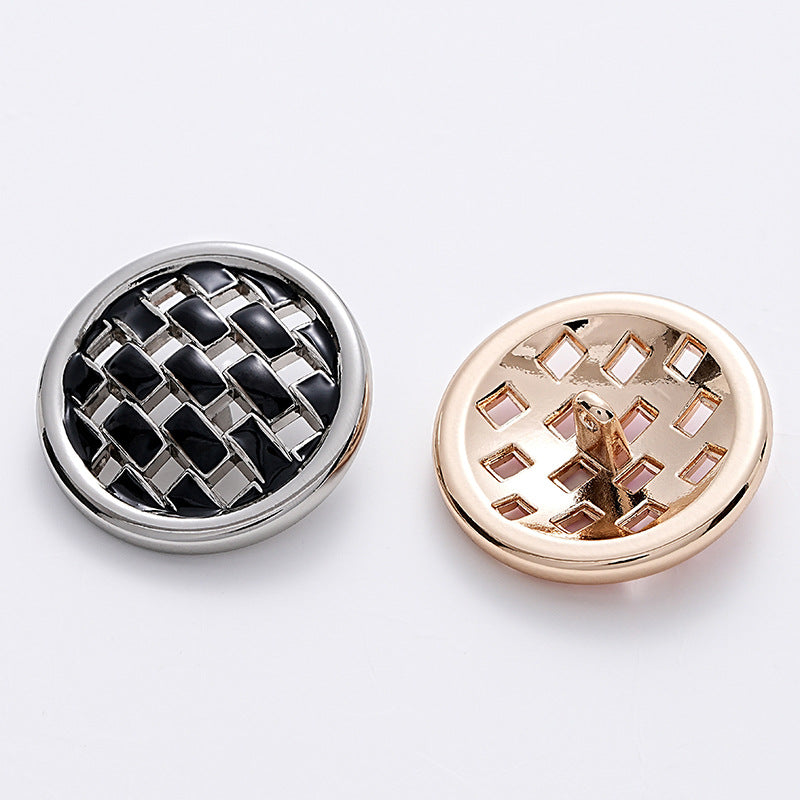 Black woven grid metal button with silver trim