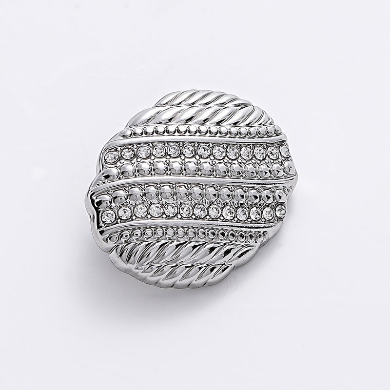 Silver oval metal button with rhinestones, 18-23mm, carved striped design, 10pcs