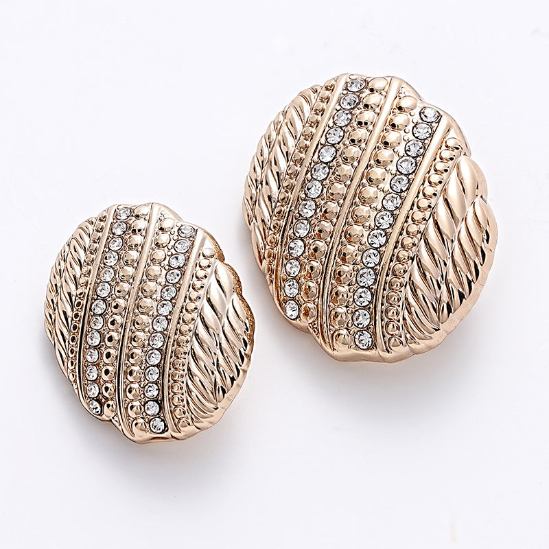 Gold oval metal button pair with rhinestones and engraved stripes, 18-23mm, 10pcs