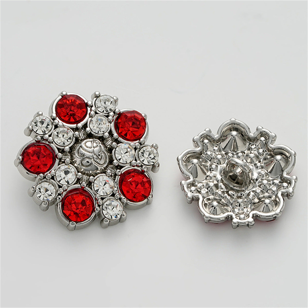 Retro Enameled Fully Diamond-Inlaid Metal Button with Handle 5pcs Red Silver
