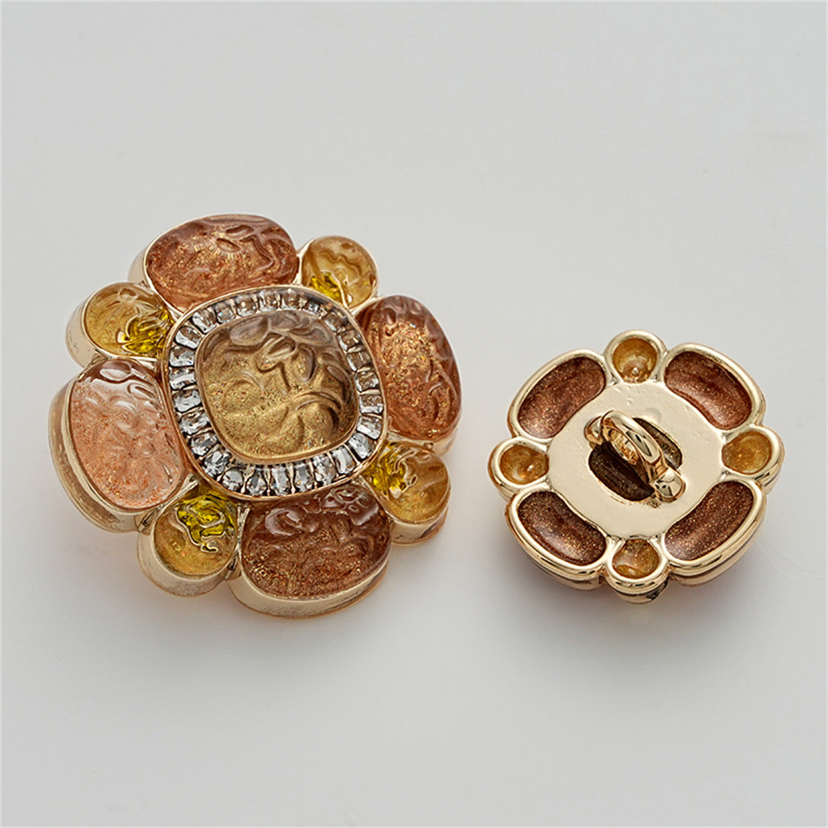 High-End Floral Diamond-Inlaid Resin Metal Button with Handle 3pcs Gold