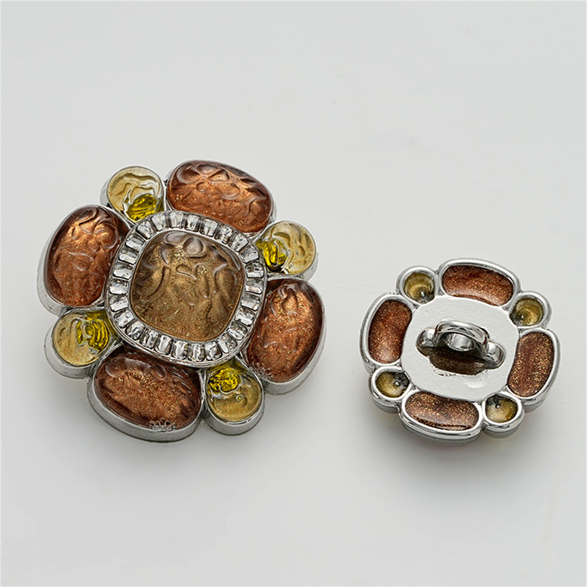 High-End Floral Diamond-Inlaid Resin Metal Button with Handle 3pcs Silver