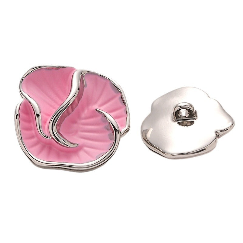High-End Colored Enameled Camellia Metal Coat Button with Handle 5pcs Pink Silver