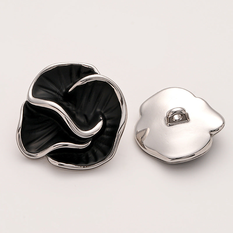 High-End Colored Enameled Camellia Metal Coat Button with Handle 5pcs Black Silver