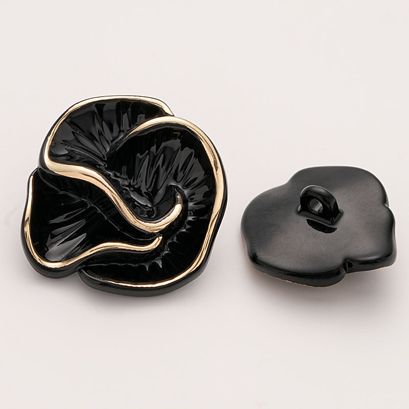 High-End Colored Enameled Camellia Metal Coat Button with Handle 5pcs Black Gold
