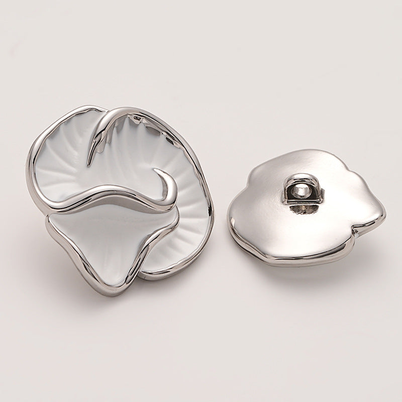 High-End Colored Enameled Camellia Metal Coat Button with Handle 5pcs White Silver