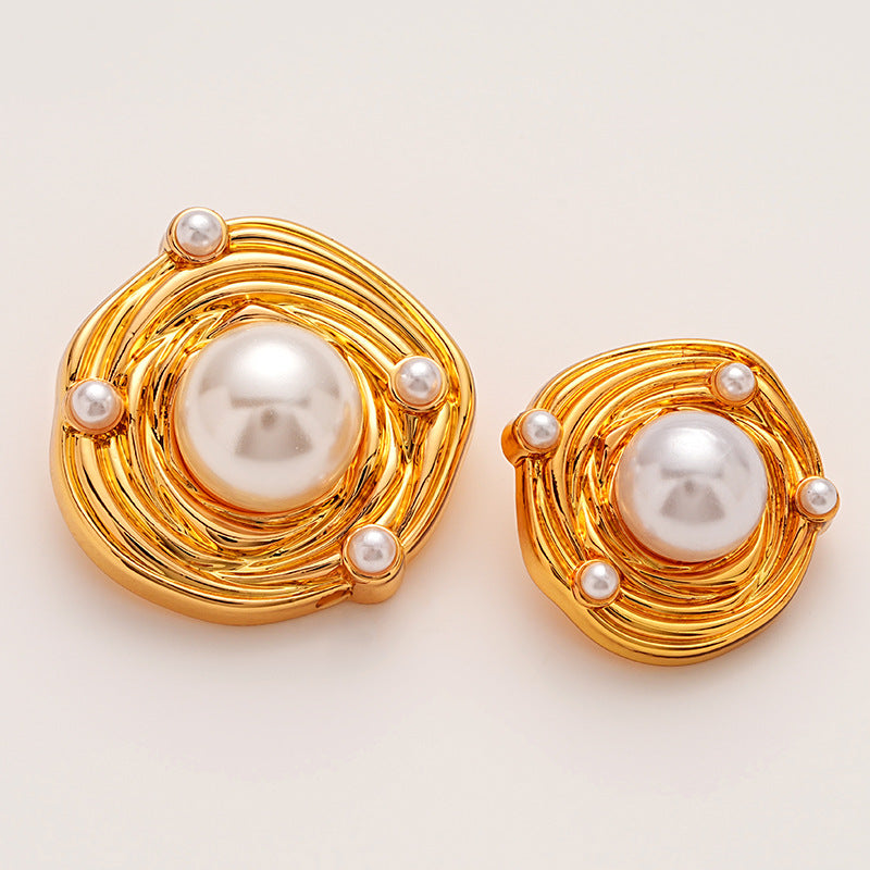 Irregular Gold Metal Button Embedded with Large Small Pearls 6pcs
