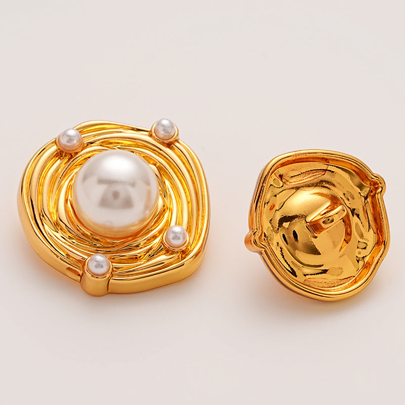Irregular Gold Metal Button Embedded with Large Small Pearls 6pcs
