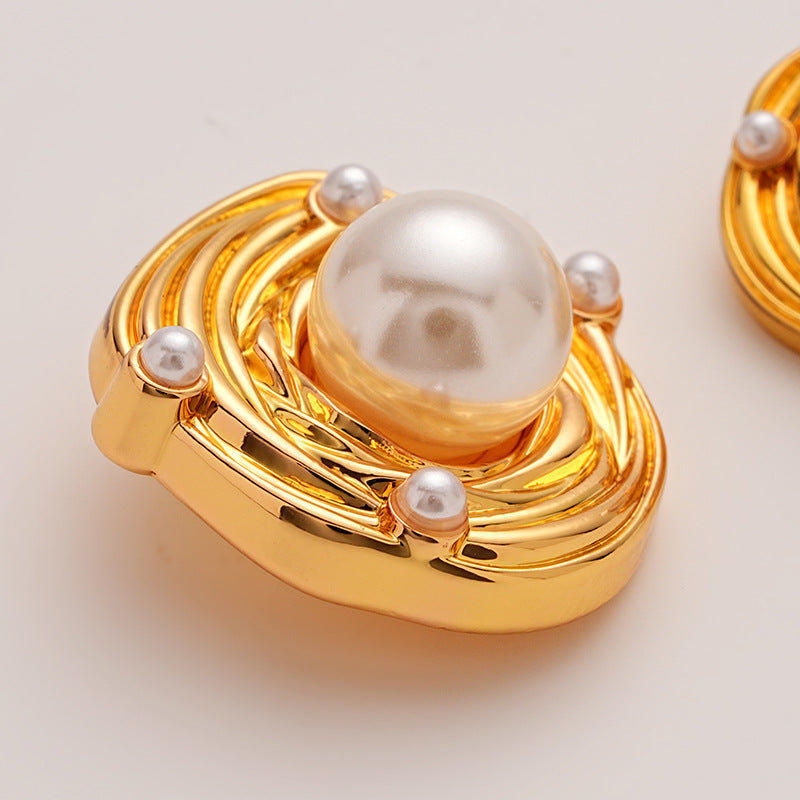Irregular Gold Metal Button Embedded with Large Small Pearls 6pcs