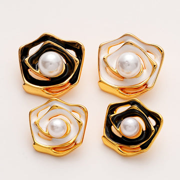 Gold Hollow Enamel Irregular Camellia Pearl Metal Button 5pcs