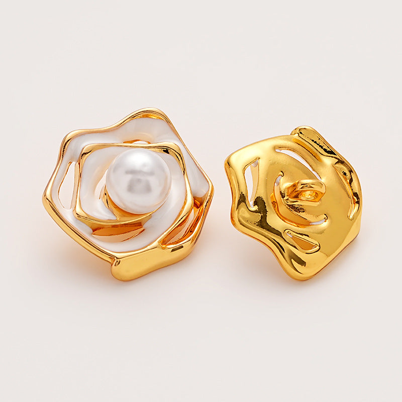 Gold Hollow Enamel Irregular Camellia Pearl Metal Button 5pcs White Gold