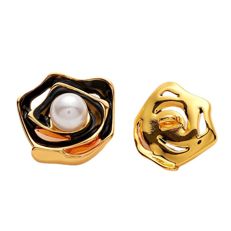 Gold Hollow Enamel Irregular Camellia Pearl Metal Button 5pcs Black Gold
