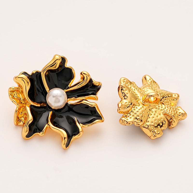 Six-Petal Flower Pearl Decorated Metal Button with Shank 5pcs Black Gold