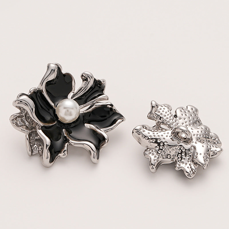 Six-Petal Flower Pearl Decorated Metal Button with Shank 5pcs Black Silver