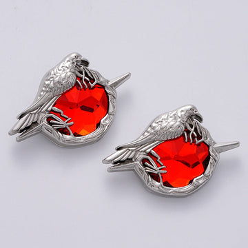 Retro crow diamond metal badge brooch set, red gem, silver-tone wings (2 pcs)