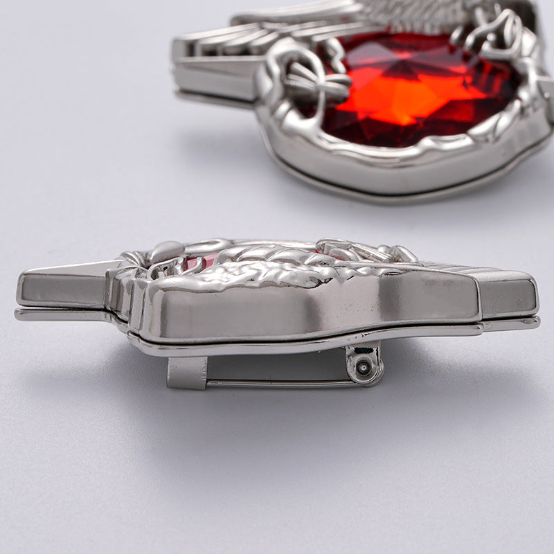 Side view crow brooch pin clasp with red faceted gem, silver-tone (2 pcs)