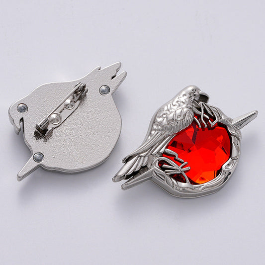 Retro Fashion Dark Crow Red Diamond Metal Badge Brooch 2pcs