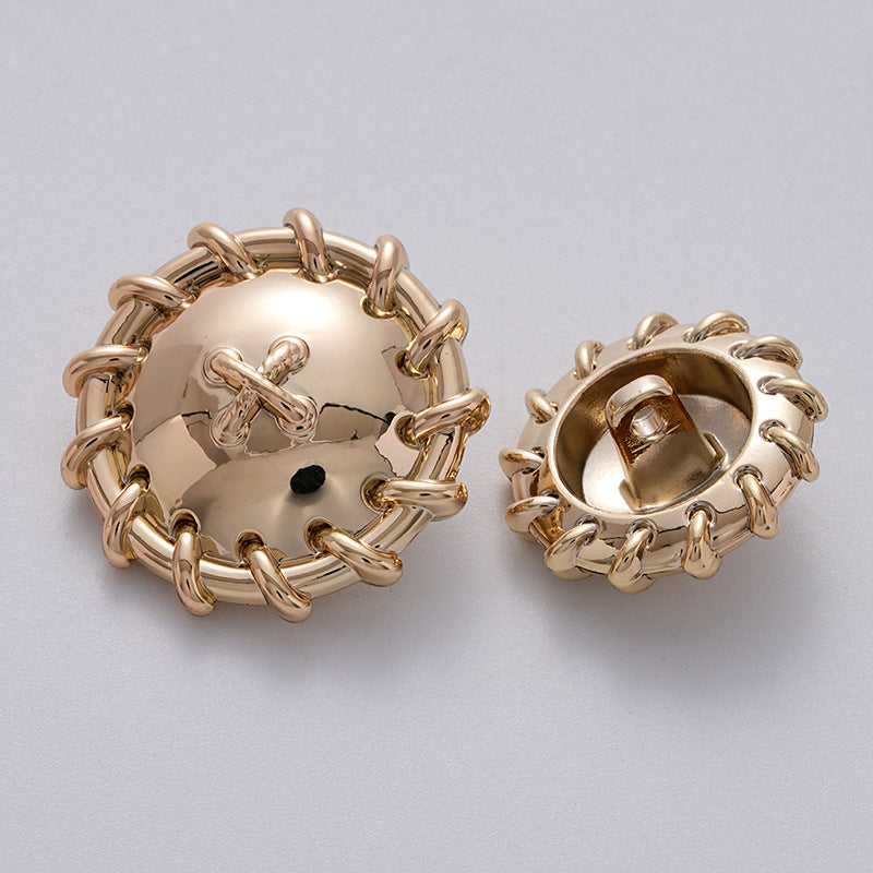 Gold metal button pair, rope-woven rim with crossed-knot emblem, front and back