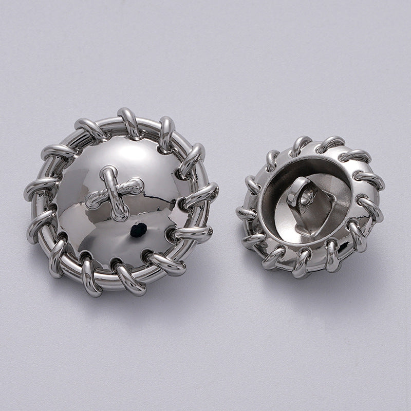 Silver metal button pair, rope-woven rim with crossed-knot emblem, front and back