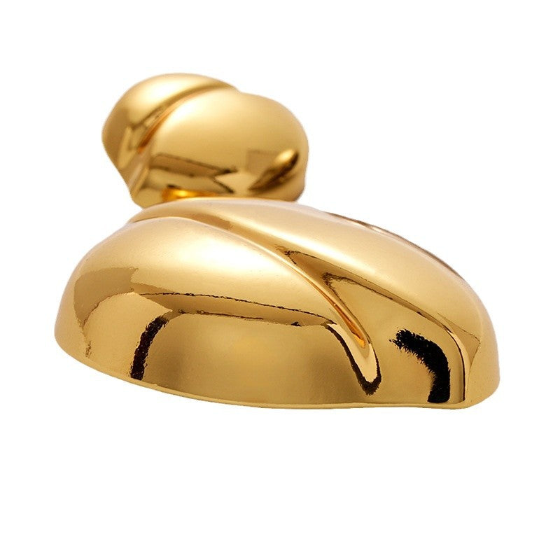 Gold clam-shell metal button close-up, domed irregular shell surface