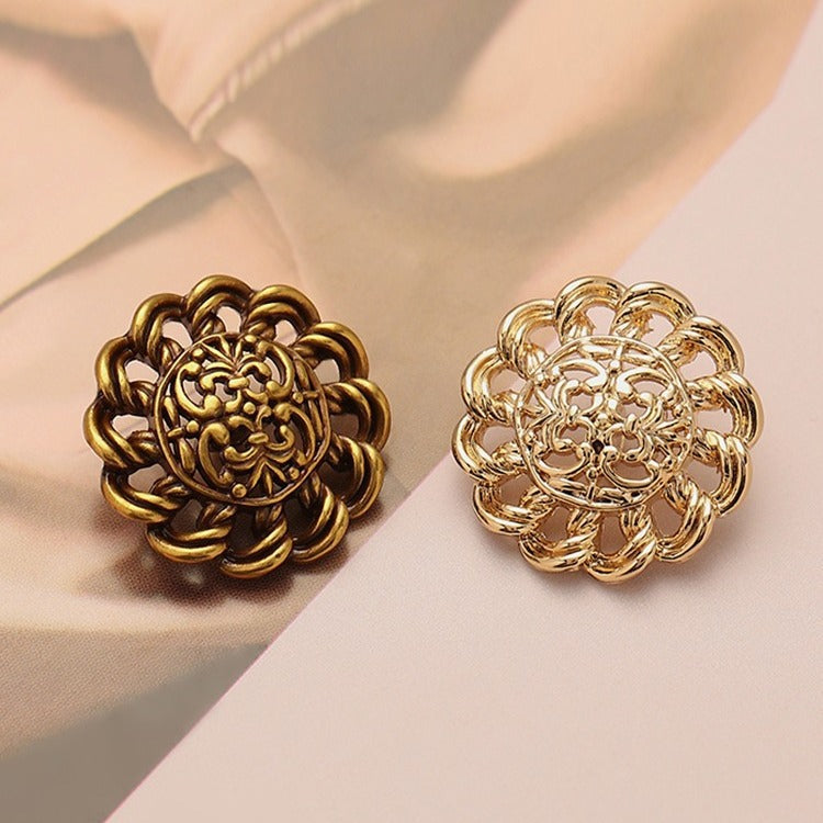 Hollow floral filigree metal buttons in bronze-gold and gold, ornate cutout pattern
