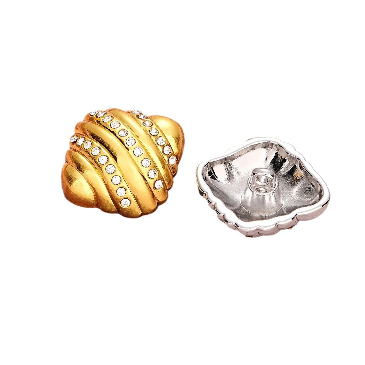 Gold and silver croissant metal buttons with crystal inlaid rows, 23mm