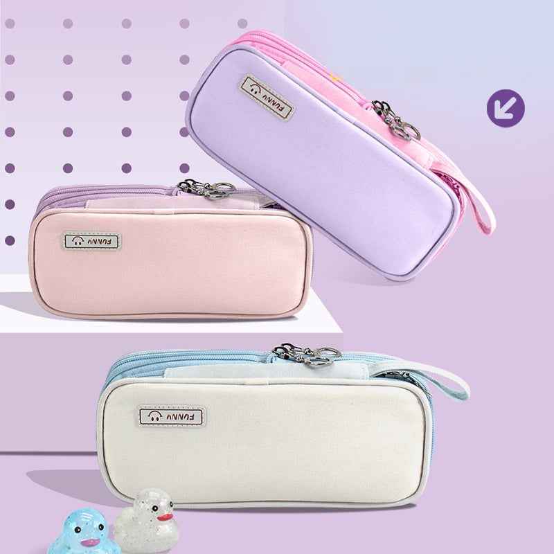 Macaron Color Canvas Triple-Layer Pencil Case