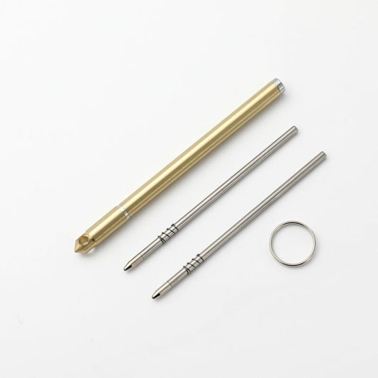 Mini Brass Ballpoint Pen | 0.5mm Black Ink | 8cm Pocket EDC Pen | Includes 2 Refills & Ring Clip Brass