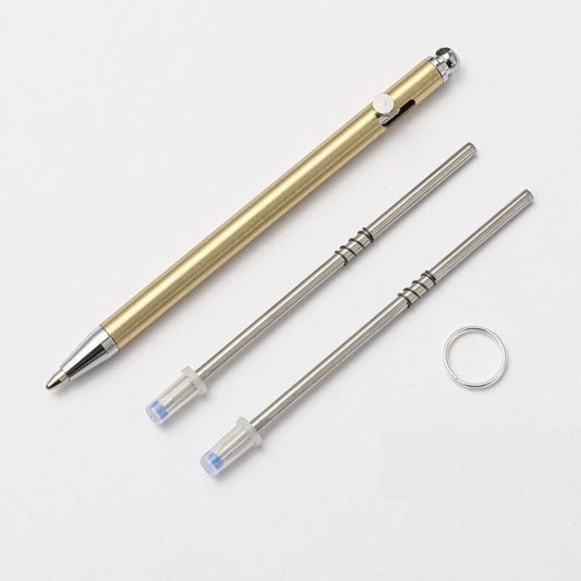 Mini Brass Bolt-Action Ballpoint Pen | 86mm EDC Pocket Pen | Includes 2 Refills & Ring Brass