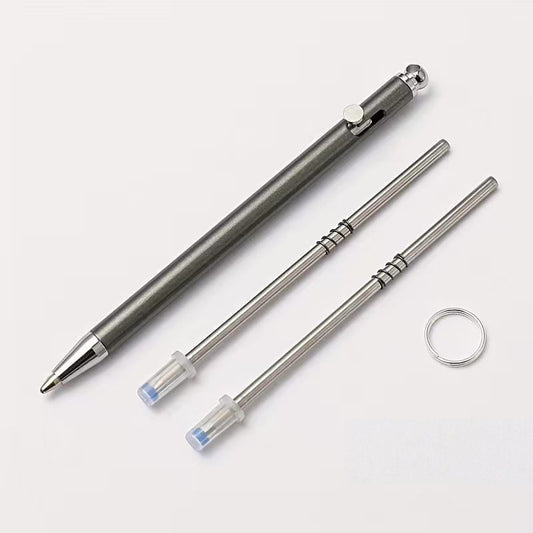 Mini Brass Bolt-Action Ballpoint Pen | 86mm EDC Pocket Pen | Includes 2 Refills & Ring Grey