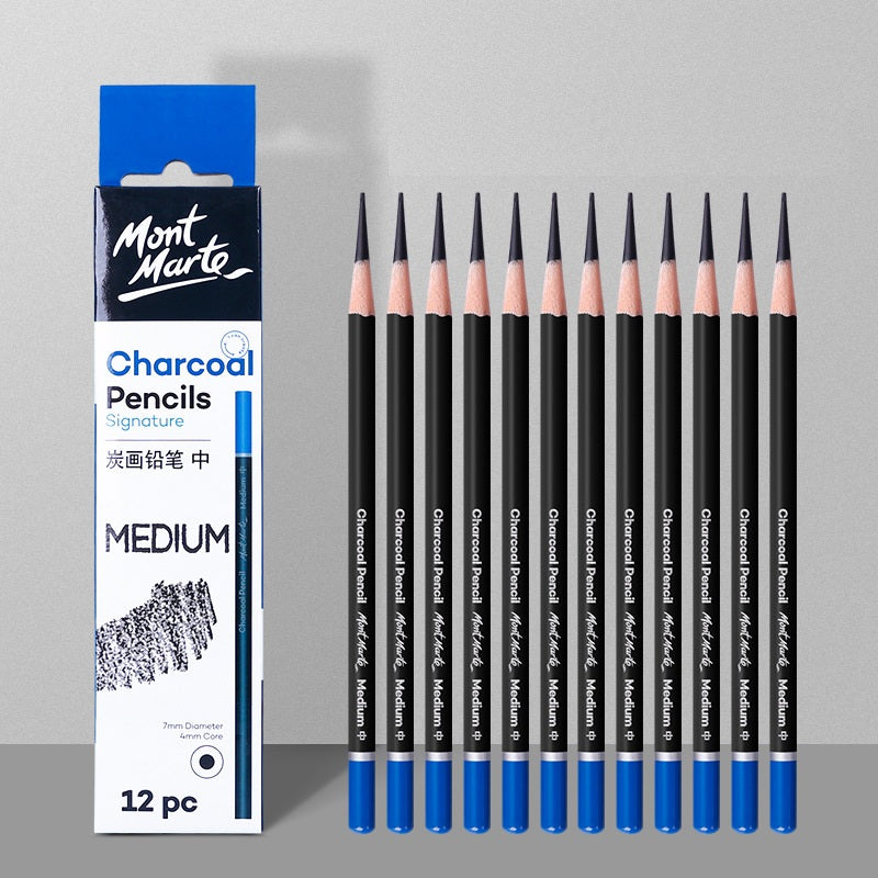 Mont Marte Charcoal Pencils | 12-Piece Wooden Set | 4mm Core | Soft, Medium or Hard Grade for Sketching & Fine Art Medium