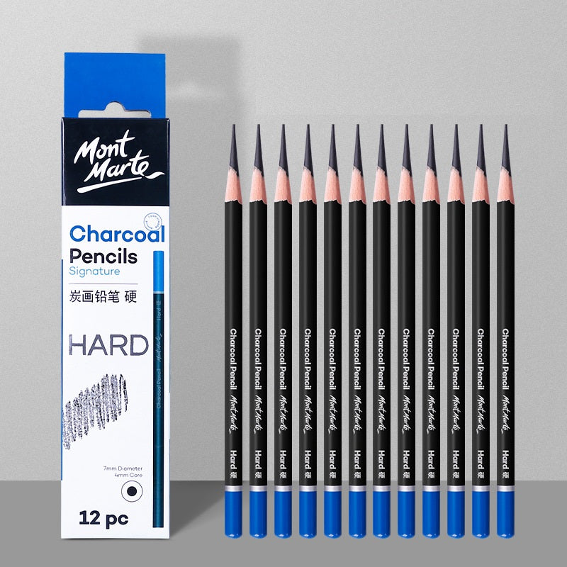 Mont Marte Charcoal Pencils | 12-Piece Wooden Set | 4mm Core | Soft, Medium or Hard Grade for Sketching & Fine Art Hard
