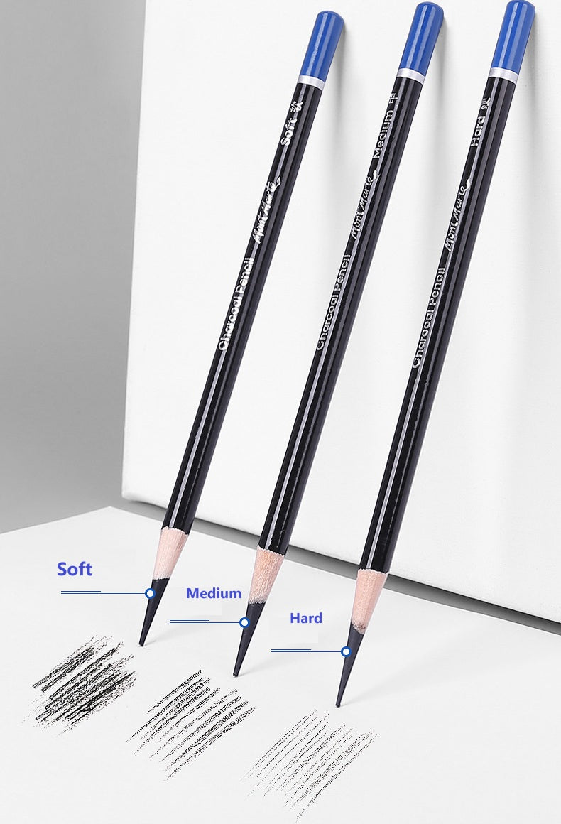 Mont Marte Charcoal Pencils | 12-Piece Wooden Set | 4mm Core | Soft, Medium or Hard Grade for Sketching & Fine Art