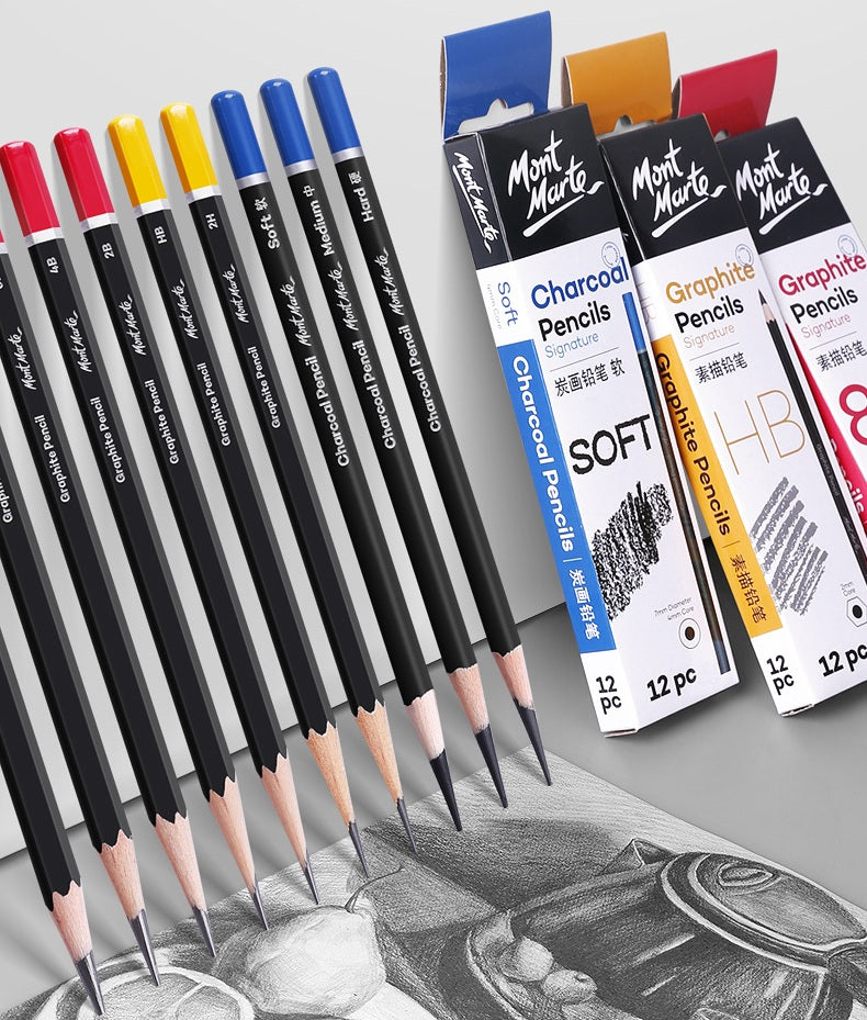 Mont Marte 12-Piece Wooden Sketch Pencil Set | 4mm Lead | Grades 3H to 10B | Drawing & Shading Pencils for Artists