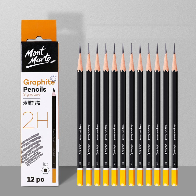 Mont Marte 12-Piece Wooden Sketch Pencil Set | 4mm Lead | Grades 3H to 10B | Drawing & Shading Pencils for Artists 2H