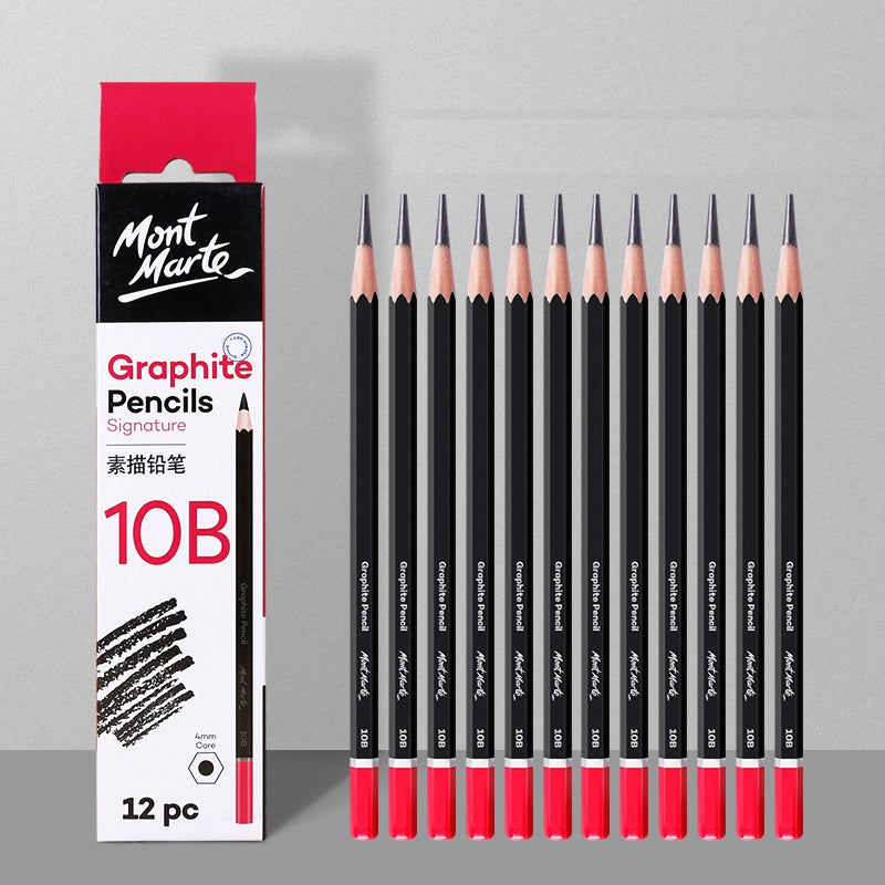 Mont Marte 12-Piece Wooden Sketch Pencil Set | 4mm Lead | Grades 3H to 10B | Drawing & Shading Pencils for Artists 10B