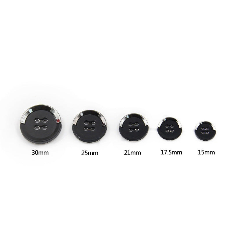 Button size chart: black gold-trimmed sew-on buttons labeled 30mm, 25mm, 21mm, 17mm, 15mm.