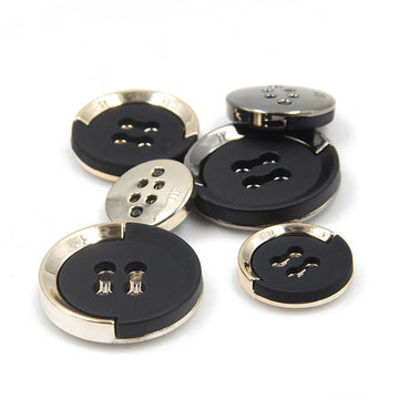 15–30mm black plastic buttons, gold-trimmed edges, 4-hole sew-on design (set of 30).