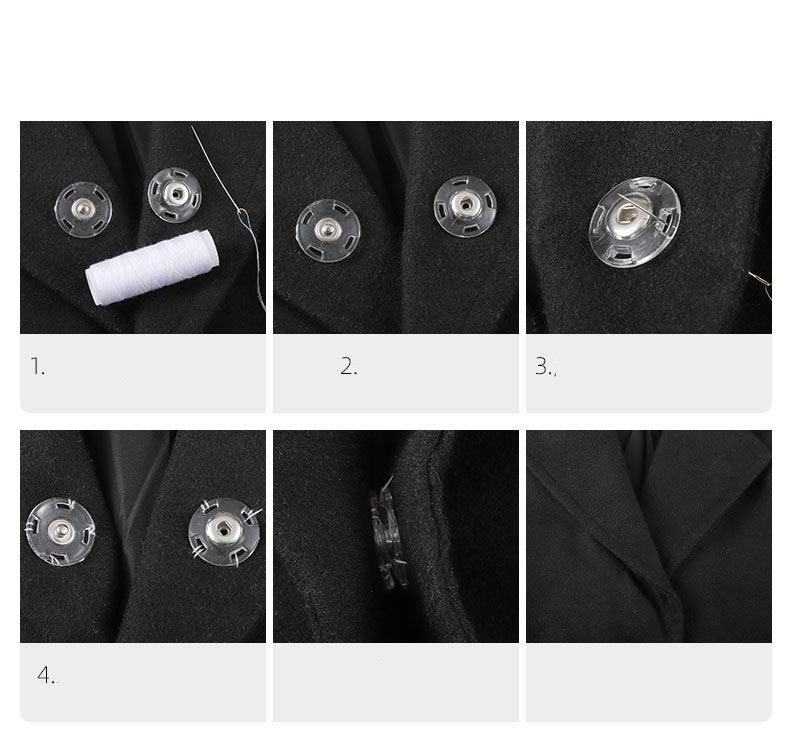 Transparente Druckknöpfe auf Stoff, Nahansicht der Montage von Vorder- und Rückteil